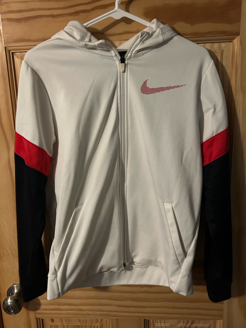 Nike Boy’s White Full-Zip Hoodie Jacket with Red & Black Accents